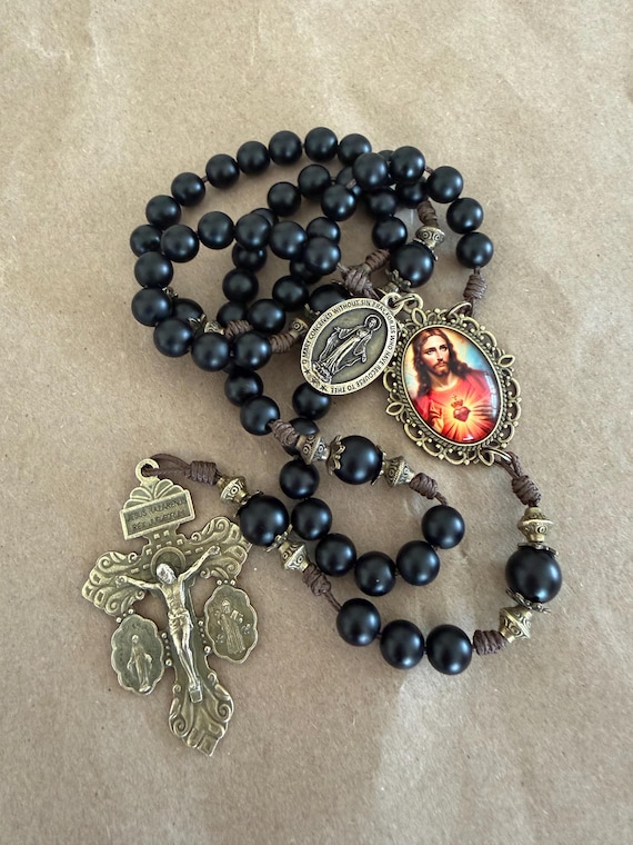 Handmade Sacred Heart of Jesus Rosary, AAA Onyx Black Matte Beads Rosary | Miraculous Medal