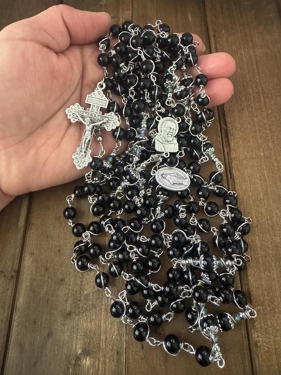 15 or 20 Decade Catholic Rosary: Black Onyx Beads, Miraculous Medal, Handmade Rosary