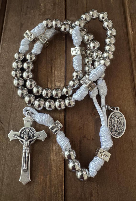 Catholic Rosary, Silver beads Rosary, St Benedict Crucifix | Handmade
