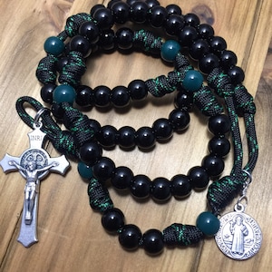 Catholic Rosary ~ St. Benedict Rosary ~ Durable paracord Rosary | Black/Green Rosary - Handmade