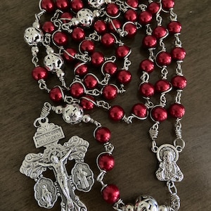 Sacred Heart Of Jesus Catholic Rosary - Red Beads Rosary — handmade