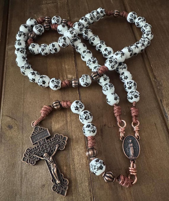 Floral Ceramic beads rosary, Catholic Rosay, handmade in USA