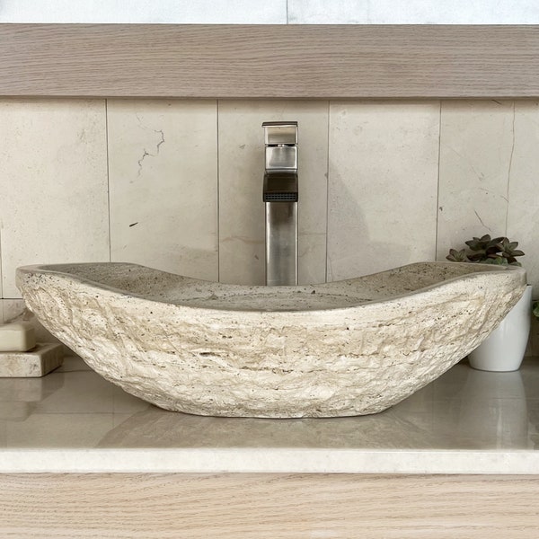 Chiseled Travertine Bathroom Vessel Sink, Oval Canoe Shape, 100% Natural & Hand Carved Stone