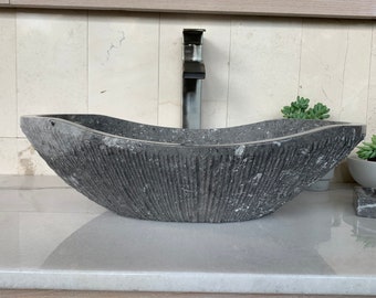 Rustic Chiseled Gray Marble Sink - Handcrafted, Polished Interior - Unique 100% Natural Stone - Free Matching Soap Tray 08