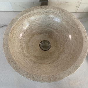 Circle Bowl Chiseled Bathroom Vessel Sink - Round Polished Interior - Hand Carved Marble - Real Travertine Stone - Includes Free Soap Tray