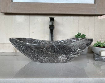 Rustic Chiseled Gray Marble Sink - Handcrafted, Polished Interior - Unique 100% Natural Stone - Free Matching Soap Tray 03