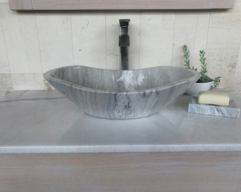 Polished Light Gray Marble Stone Sink - Handcrafted, Polished Interior - Unique 100% Natural Stone - Free Matching Soap Tray 04