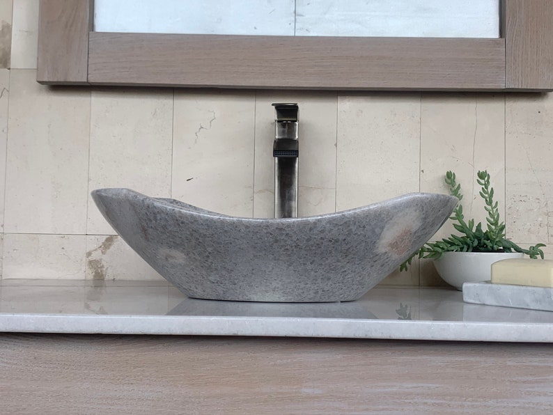 Polished Light Gray Marble Stone Sink Handcrafted, Polished Interior Unique 100% Natural Stone Free Matching Soap Tray 01 image 1