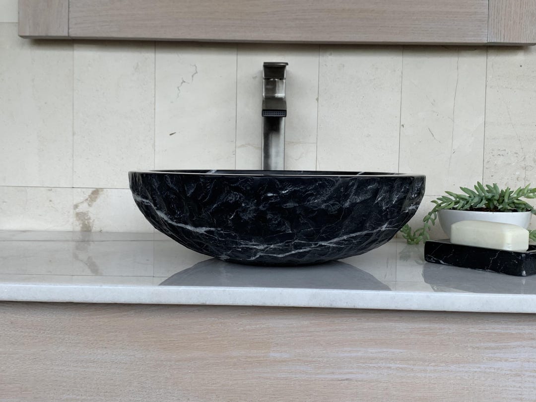 Round Bowl Bathroom Vessel Sink - Black Chiseled Marble 100% Natural ...