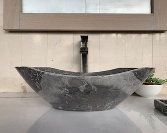 Polished Gray Marble Sink - Handcrafted, Polished Interior - Unique 100% Natural Stone - Free Matching Soap Tray 01