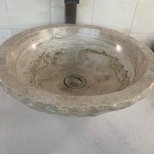 Circle Bowl Chiseled Bathroom Vessel Sink - Round Polished Interior - Hand Carved Marble - Real Travertine Stone - Includes Free Soap Tray