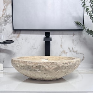 Bowl Travertine Vessel Bathroom Sink – Handmade Natural Stone Marble Sink – Chiseled Tan Travertine Hand-Carved Stone Basin