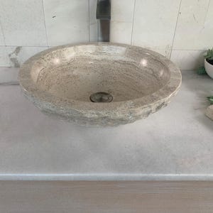Circle Bowl Chiseled Bathroom Vessel Sink - Round Polished Interior - Hand Carved Marble - Real Travertine Stone - Includes Free Soap Tray