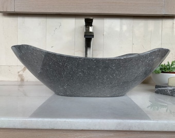 Polished Gray Marble Sink - Handcrafted, Polished Interior - Unique 100% Natural Stone - Free Matching Soap Tray 05