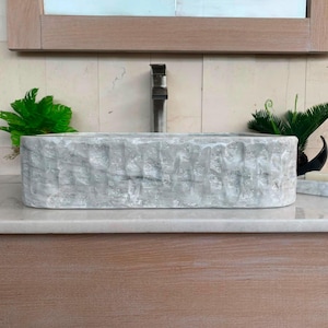 Light Gray Marble Rectangle Vessel Sink | Handmade Natural Stone Bathroom Sink | One of a Kind Vanity Basin