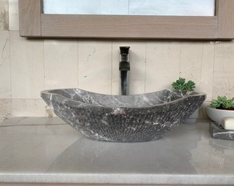 Rustic Chiseled Gray Marble Sink - Handcrafted, Polished Interior - Unique 100% Natural Stone - Free Matching Soap Tray 04