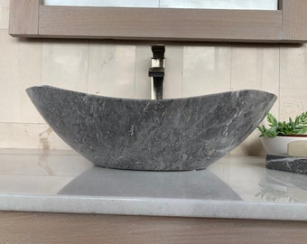 Polished Gray Marble Sink - Handcrafted, Polished Interior - Unique 100% Natural Stone - Free Matching Soap Tray 03