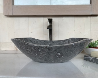 Polished Gray Marble Sink - Handcrafted, Polished Interior - Unique 100% Natural Stone - Free Matching Soap Tray 06