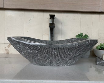 Rustic Chiseled Gray Marble Sink - Handcrafted, Polished Interior - Unique 100% Natural Stone - Free Matching Soap Tray 07