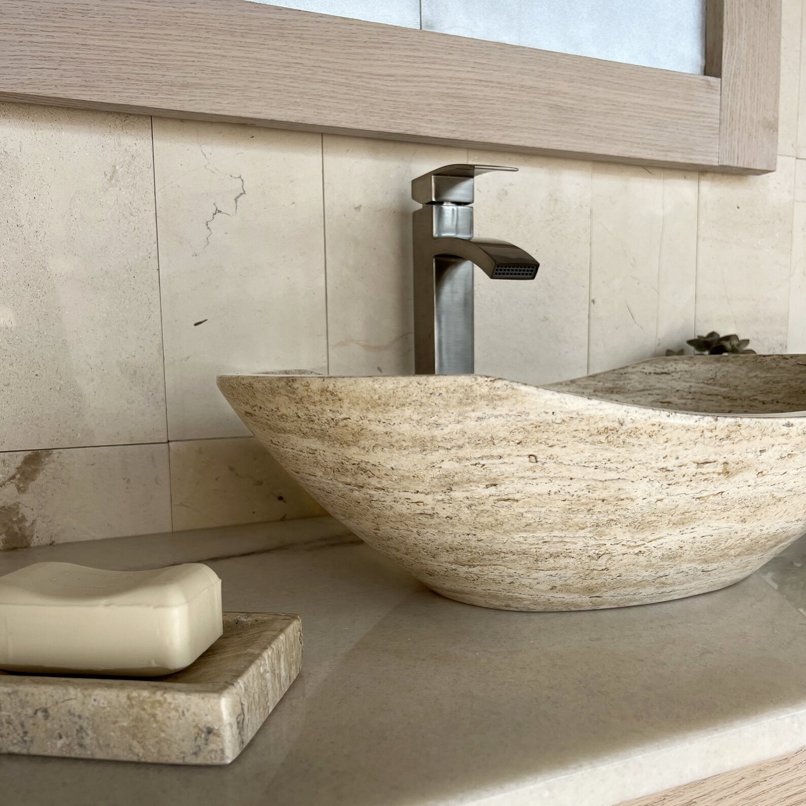Polished Travertine Bathroom Vessel Sink Oval Canoe Shape Etsy