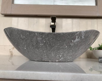 Polished Gray Marble Sink - Handcrafted, Polished Interior - Unique 100% Natural Stone - Free Matching Soap Tray 02