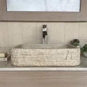 Rectangle Travertine Vessel Bathroom Sink – Handmade Natural Stone Marble Sink –  Chiseled Tan Travertine Hand-Carved Stone