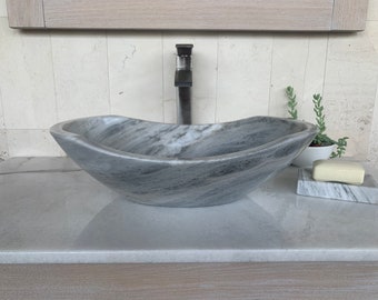 Polished Light Gray Marble Stone Sink - Handcrafted, Polished Interior - Unique 100% Natural Stone - Free Matching Soap Tray 03