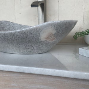Polished Light Gray Marble Stone Sink Handcrafted, Polished Interior Unique 100% Natural Stone Free Matching Soap Tray 01 image 5