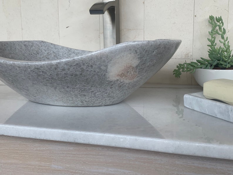 Polished Light Gray Marble Stone Sink Handcrafted, Polished Interior Unique 100% Natural Stone Free Matching Soap Tray 01 image 5