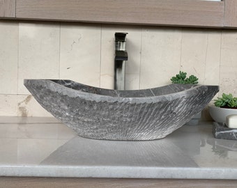 Rustic Chiseled Gray Marble Sink - Handcrafted, Polished Interior - Unique 100% Natural Stone - Free Matching Soap Tray 09