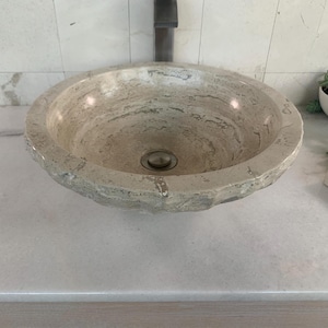 Circle Bowl Chiseled Bathroom Vessel Sink - Round Polished Interior - Hand Carved Marble - Real Travertine Stone - Includes Free Soap Tray