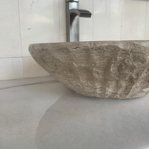 Circle Bowl Chiseled Bathroom Vessel Sink - Round Polished Interior - Hand Carved Marble - Real Travertine Stone - Includes Free Soap Tray