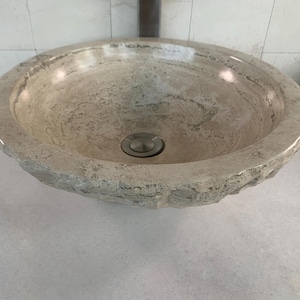 Circle Bowl Chiseled Bathroom Vessel Sink - Round Polished Interior - Hand Carved Marble - Real Travertine Stone - Includes Free Soap Tray