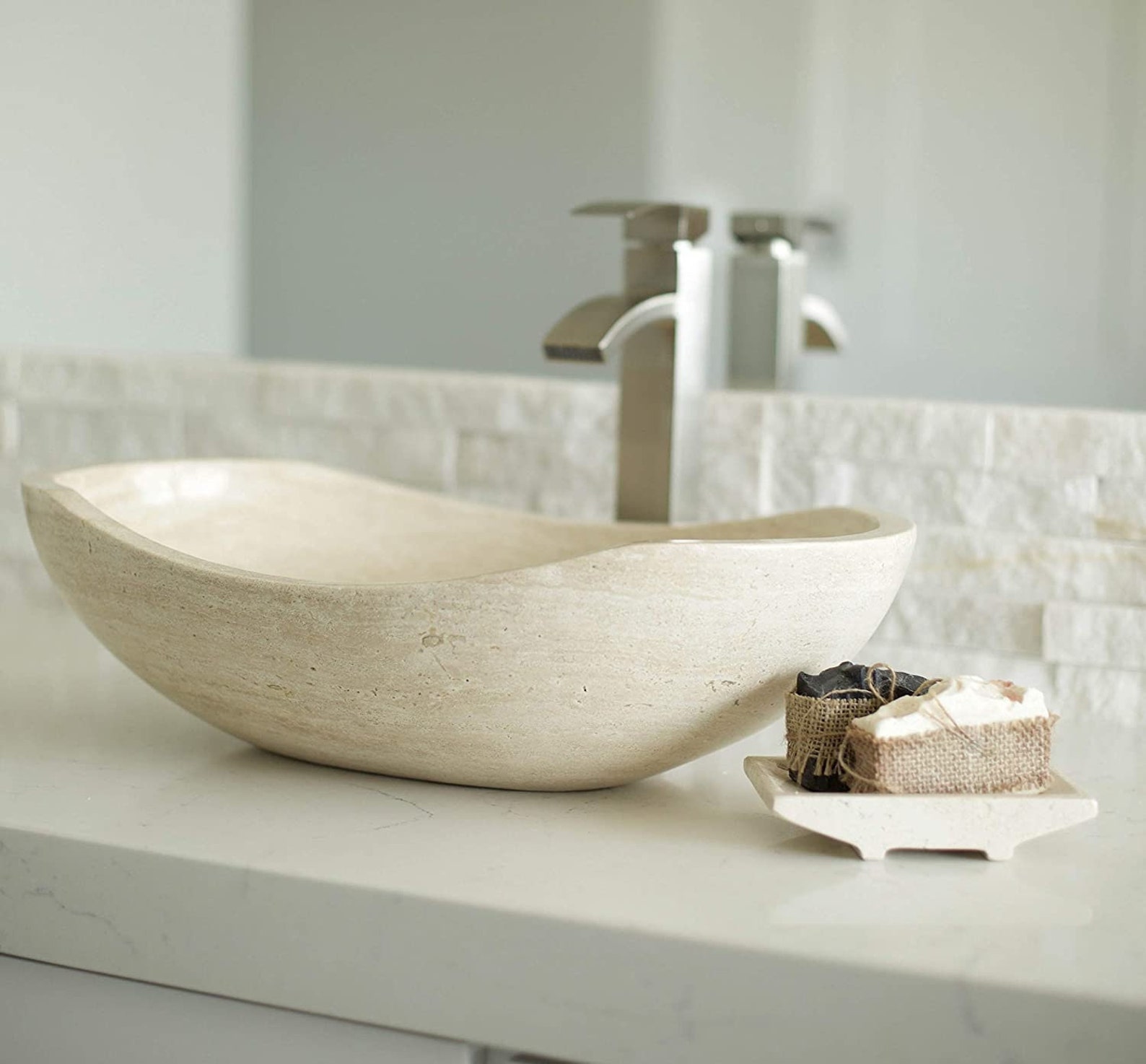 Polished Travertine Bathroom Vessel Sink Oval Canoe Shape Etsy