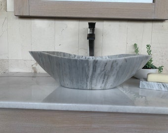 Polished Gray Marble Sink - Handcrafted, Polished Interior - Unique 100% Natural Stone - Free Matching Soap Tray 05