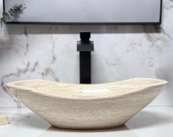 Oval Travertine Bathroom Sink – Hand-Carved Natural Stone Vessel Sink, Fully Polished Finish, Above Counter Vanity Sink