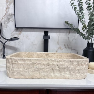 Rectangular Travertine Vessel Sink - Handmade Natural Stone Bathroom Basin -  Chiseled Finish - Includes Matching Soap Tray