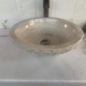 Circle Bowl Chiseled Bathroom Vessel Sink - Round Polished Interior - Hand Carved Marble - Real Travertine Stone - Includes Free Soap Tray