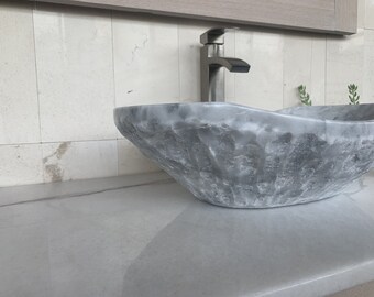 Chiseled Light Gray Marble Stone Sink - Handcrafted, Polished Interior - Unique 100% Natural Stone - Free Matching Soap Tray 01