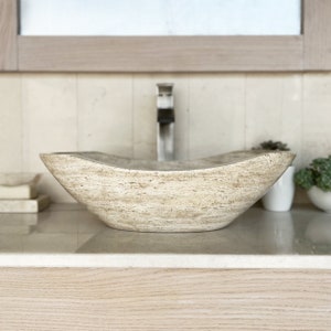 Polished Travertine, Bathroom Vessel Sink, Oval Canoe Shape, Hand Carved Natural Stone