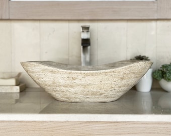 Polished Travertine, Bathroom Vessel Sink, Oval Canoe Shape, Hand Carved Natural Stone