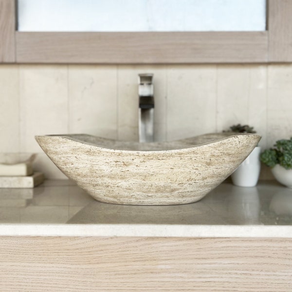 Polished Travertine, Bathroom Vessel Sink, Oval Canoe Shape, Hand Carved Natural Stone