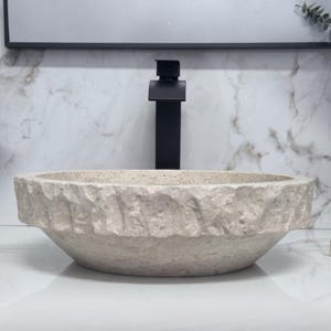 Round Travertine Vessel Sink - Handmade Natural Stone Bathroom Basin - Polished Finish with Chiseled Rim - Includes Matching Soap Tray