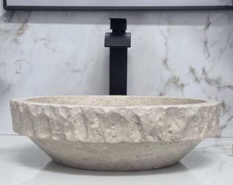 Round Travertine Bathroom Sink – Hand-Carved Natural Stone Vessel Sink, Chiseled Exterior, Polished Interior, Above Counter Vanity Sink