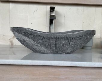 Rustic Chiseled Gray Marble Sink - Handcrafted, Polished Interior - Unique 100% Natural Stone - Free Matching Soap Tray 24