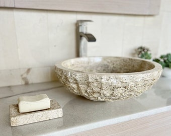 Round Stone Bathroom Vessel Sink - Circle Bowl Shape - 100% Natural Marble, Hand Carved - Free Matching Soap Tray
