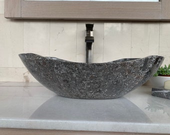 Polished Gray Marble Sink - Handcrafted, Polished Interior - Unique 100% Natural Stone - Free Matching Soap Tray 04