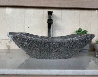 Rustic Chiseled Gray Marble Sink - Handcrafted, Polished Interior - Unique 100% Natural Stone - Free Matching Soap Tray 05
