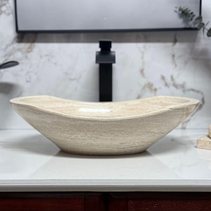 Oval Travertine Vessel Bathroom Sink – Natural Stone Hand-Made Marble Sink – Polished Tan Travertine Hand-Carved Stone Basin