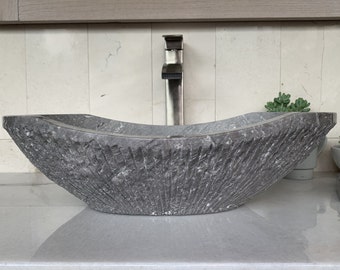 Rustic Chiseled Gray Marble Sink - Handcrafted, Polished Interior - Unique 100% Natural Stone - Free Matching Soap Tray 01
